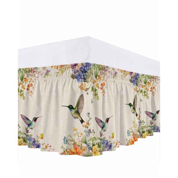 Flowers Spring Ruffle Bed Skirt Queen Size Bird Butterfly Adjustable Elastic Dust Bed Skirts Wrap Around Bedskirt Wrinkle Free Easy Fit with 18 Inch Drop