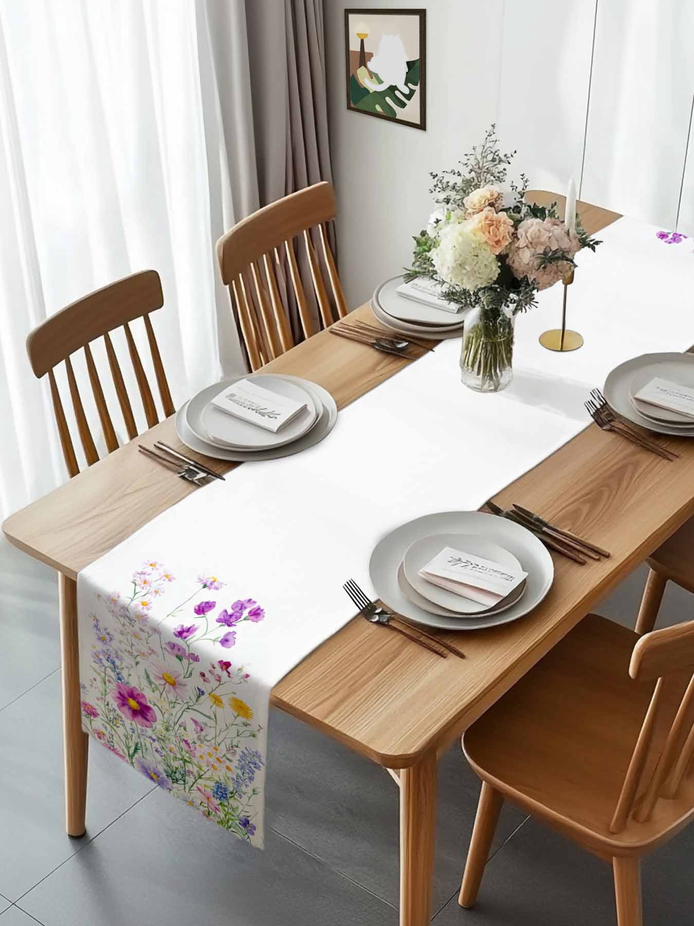 Flowers Spring Table Runner 90 Inches Long, Pastoral Pink Purple Floral Lavender Daisy Table Runners Tabletop Scarf Kitchen Dining Tables Decoration for Home Party Indoor Outdoor