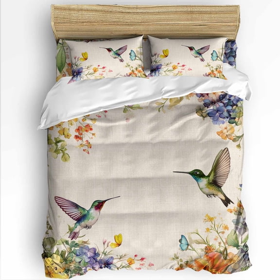 Flowers Spring Twin Size Comforter Set, Bird Butterfly Floral Pastoral Style Soft Bedding for All Seasons, 4 Pcs Bed Set with 1 Comforter (68"x86") ,1Sheet(66"x116"), 2 Pillowcases (19"x29")