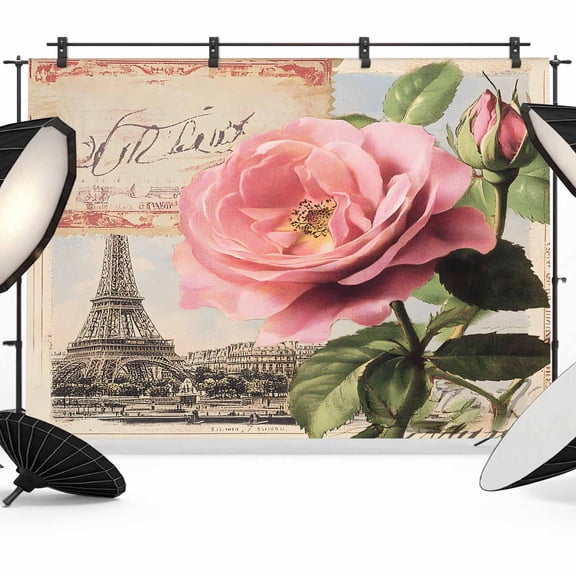 Flowers Stamps Backdrop for Photography, Vintage Eiffel Tower Cards Photo Backdrop Portrait Background Party Banner Photo Backgrounds for Studio Booth Props, 7x5ft