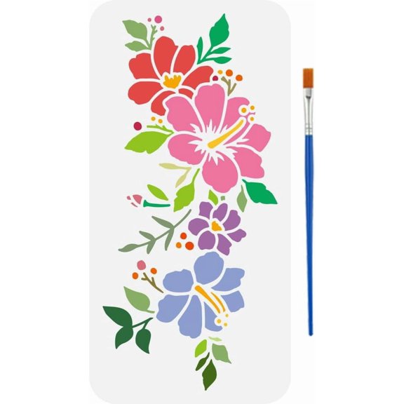Flowers Stencil with a Paint Brush 5.9x11.8Inch Hibiscus Flowers Stencils Reusable Leaves Decoration Stencils Plant Themes Floral Template for Painting on Wood Wall Fabric Furniture DIY Multi-color