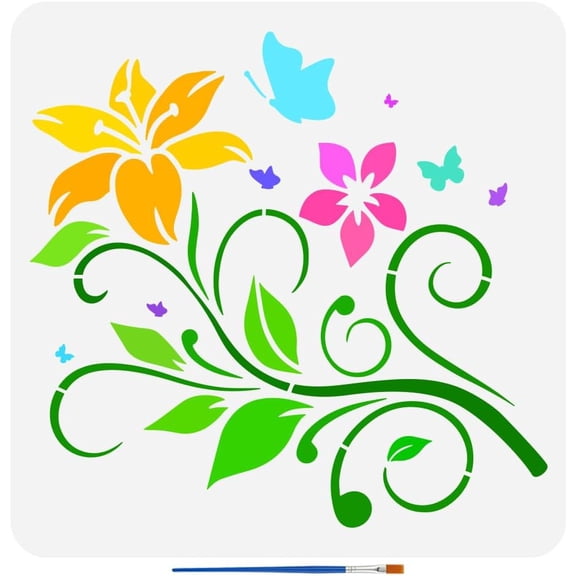 Flowers Stencils with a Paint Brush 11.8x11.8Inch Lily Butterflies Pattern Painting Stencils Vines Drawing Template PET Lilies Leaves Stencils Plant Themes Template