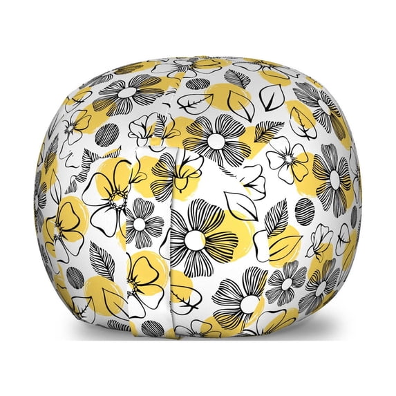 Flowers Storage Toy Bag Chair, Leaves and Flora Iris Petals Essence Circular Background Paint Strokes, Stuffed Animal Organizer Washable Bag, Small Size, Mustard Black and White, by Ambesonne