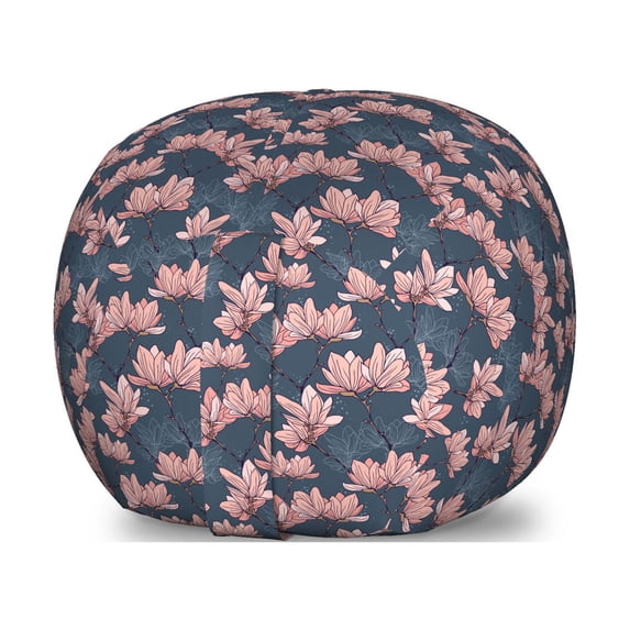 Flowers Storage Toy Bag Chair, Pattern with Magnolia Flowers in Japanese Style Tender Nature Garden, Stuffed Animal Organizer Washable Bag, Large Size, Dark Blue Coral, by Ambesonne