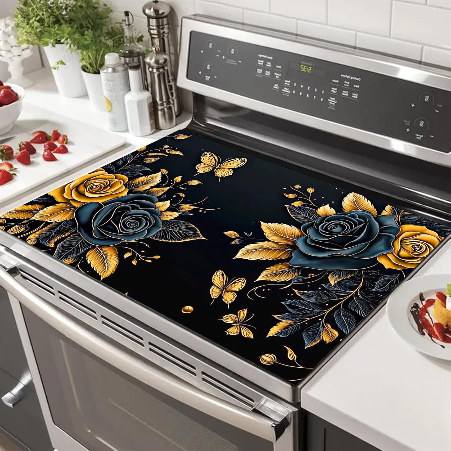 Flowers Stove Top Cover for Electric Pad 28 x 20 inches Flora Patterns Kitchen Decorations Stovetop Covers Protection Pad for Dishes Sinks Pads Coffee Machine