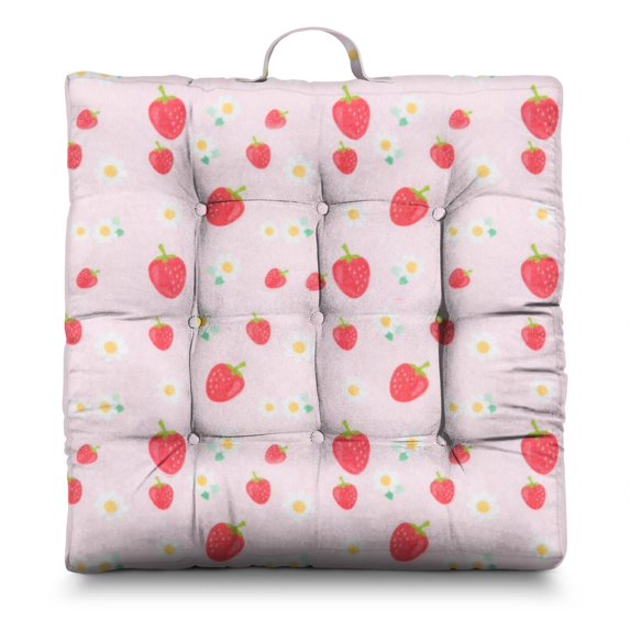 Flowers & Strawberry Floor Pillow – 22x22 Inch Square Cushion, Dutch Velvet, Kawaii Red Berry Design for Yoga, Tatami & Lounge