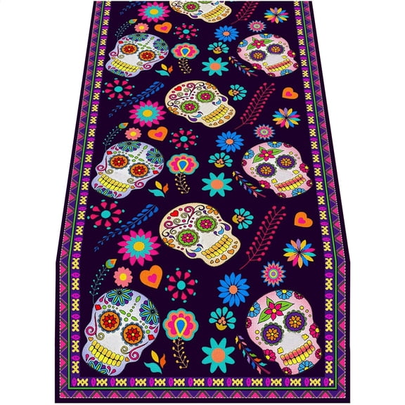 Flowers Sugar Skull Mexican Day of The Dead Table Runner, Traditional Dia De Los Muertos Design, Lovely Decor for Home Party, Kitchen and Dining Table 13x47 Inch