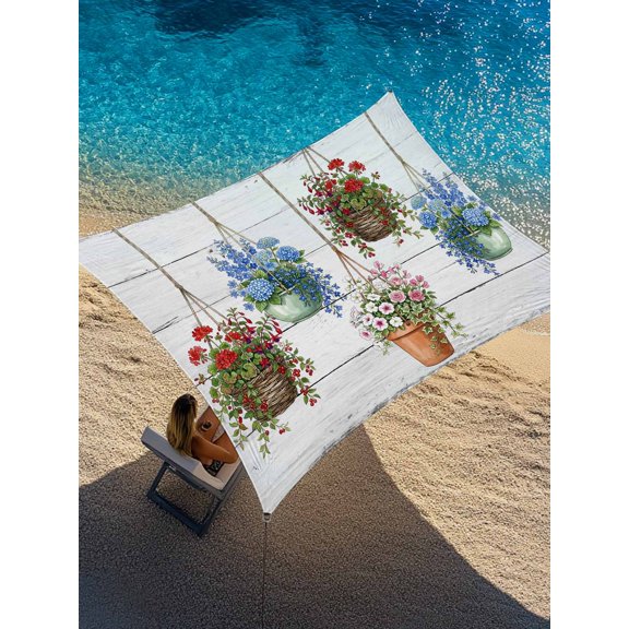 Flowers Sun Shade Sail 6.5' x 10', Spring Red Blue Pink Floral Flowerpot White Wood Grain Rectangle Outdoor Sunshade Canopy, Waterproof UV Block Patio Covers for Garden Yard Beach