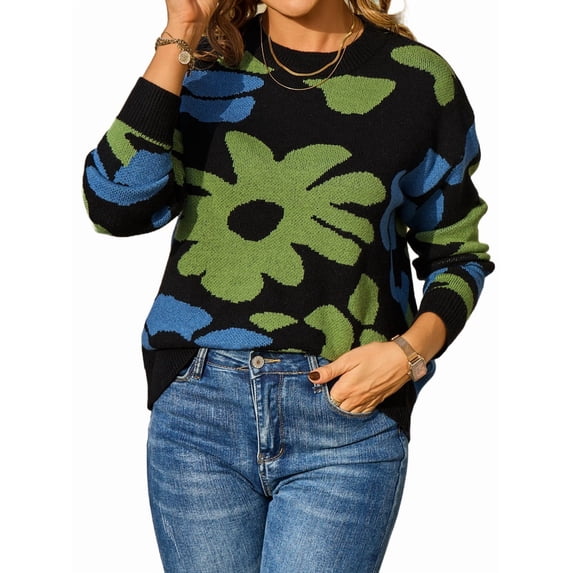Flowers Sweater Crewneck Cute Casual Long Sleeve Fall Winter Knitted Pullover Tops Black S