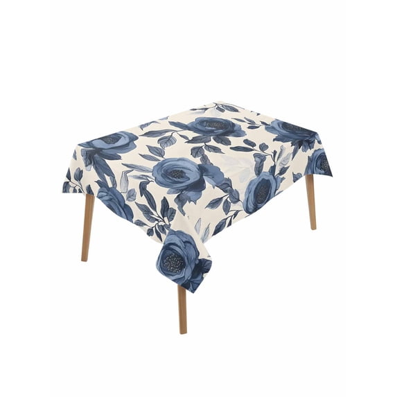 Flowers Table Cloth 60x102 Inch Rectangle, Vintage Blue Roses Leaves Watercolor Nostalgia Beige Bottom Waterproof Tablecloth Washable Table Cover for Party Picnic Dinner Decor