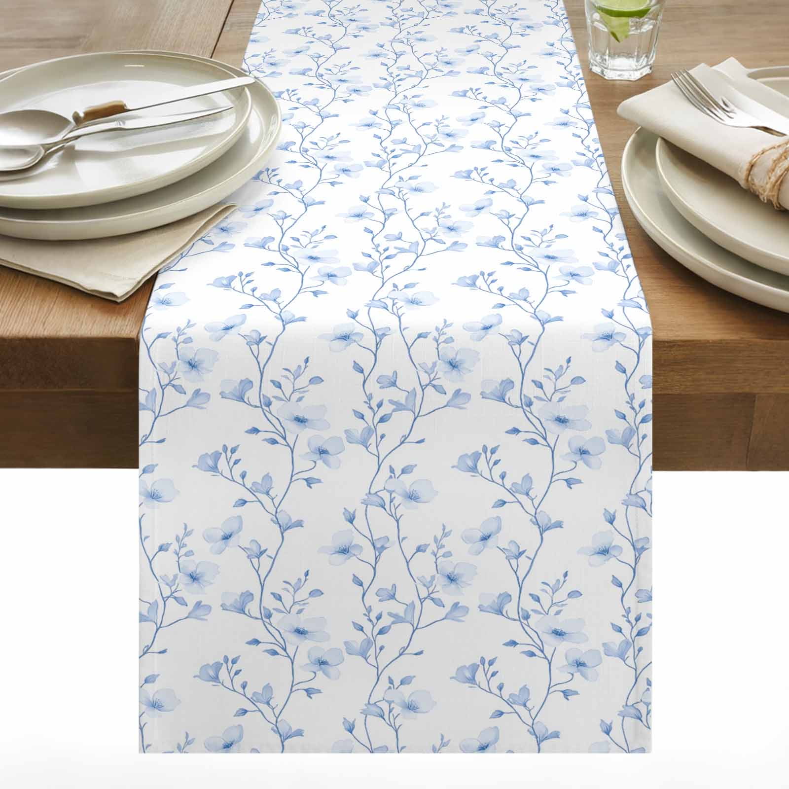 Flowers Table Runner 13x108 inch Branches Cotton Linen Dining Table Runner Ideal for Dresser Kitchen Coffee Tables - Machine Washable