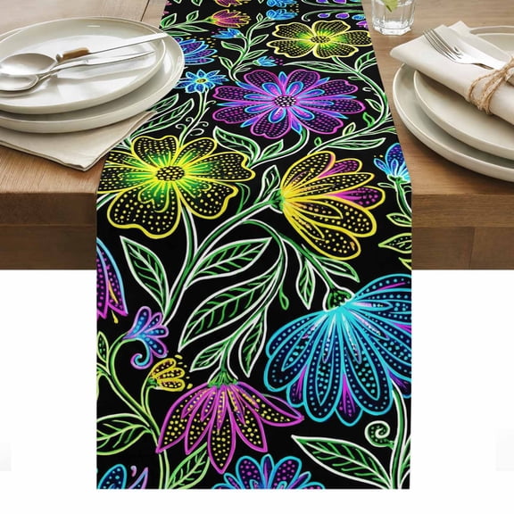 Flowers Table Runner Abstract Gradient Blue Green Purple Lines Floral Black Table Runners Dresser Scarves Holiday Kitchen Dining Table Decoration for Home Party Indoor 13x120 Inch
