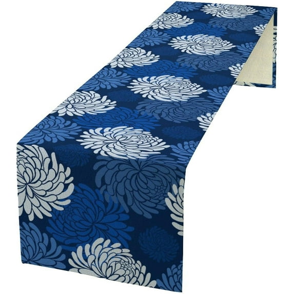 Flowers Table Runner Blue White Daisy Pattern Blue Background Table Runner Table Cloth Decoration Dresser Garden Farmhouse Wedding Party Vacation Dinner Home 13.8x90 inches