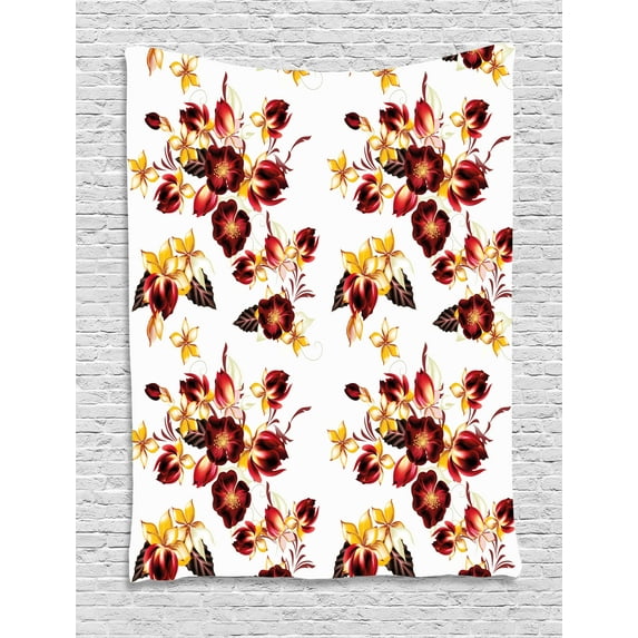 Flowers Tapestry, Floral Decor Seamless Wallpaper Pattern with Flowers Decorative Design Print, Wall Hanging for Bedroom Living Room Dorm Decor, 40W X 60L Inches, Yellow Burgundy, by Ambesonne