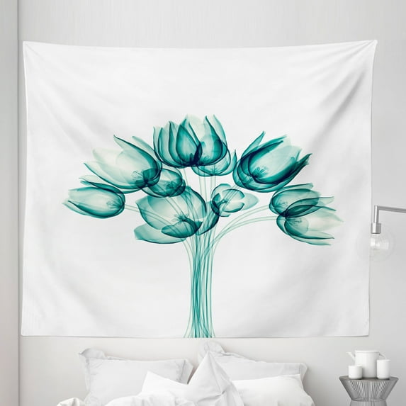 Flowers Tapestry, Monochrome Dark Teal Hues of Plain Backdrop of Xray Tulip Petals Print, Fabric Wall Hanging Decor for Bedroom Living Room Dorm, 5 Sizes, Hunter Green and White, by Ambesonne