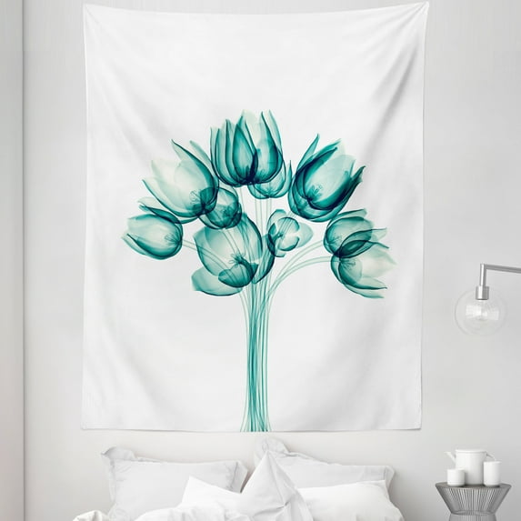 Flowers Tapestry, Monochrome Dark Teal Hues of Plain Backdrop of Xray Tulip Petals Print, Fabric Wall Hanging Decor for Bedroom Living Room Dorm, 5 Sizes, Hunter Green and White, by Ambesonne