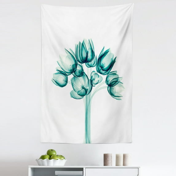 Flowers Tapestry, Monochrome Dark Teal Hues of Plain Backdrop of Xray Tulip Petals Print, Fabric Wall Hanging Decor for Bedroom Living Room Dorm, 5 Sizes, Hunter Green and White, by Ambesonne