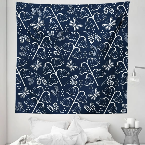 Flowers Tapestry, Tulip Bluebell Flower Pattern with Foliage Leaf Branches Feminine Print, Fabric Wall Hanging Decor for Bedroom Living Room Dorm, 5 Sizes, Dark Blue White, by Ambesonne