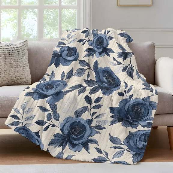 Flowers Throw Blanket for Couch Vintage Blue Roses Leaves Watercolor Nostalgia Beige Bottom Soft and Warm Flannel 3D Striped Fluffy Fuzzy Fleece Blanket Lightweight Throw for Bed, Sofa 30 x 40 Inches