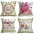 thumbnail image 1 of Flowers Throw Pillow Covers Green Spring Pillow Cover 18x18 Inch&nbsp;Bicycle Wreath Floral Farmhouse Pillow Cases Cotton Linen Set of 4 Home Sweet Home Buffalo Plaid Cushion Cover for Sofa, 1 of 6