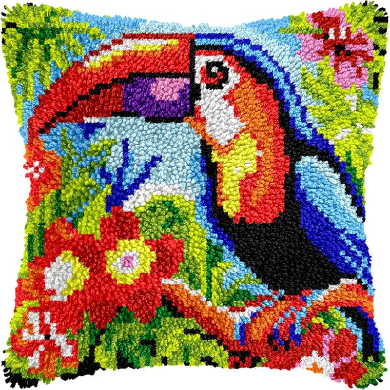 Flowers Toucan Bird Latch Hook Pillow Kits Cushion Pillowcase with Pattern Printed Canvas Sofa Hooking Pillows Crafts Embroidery Latch Hooking Crochet Kits 17x17 inch(152)