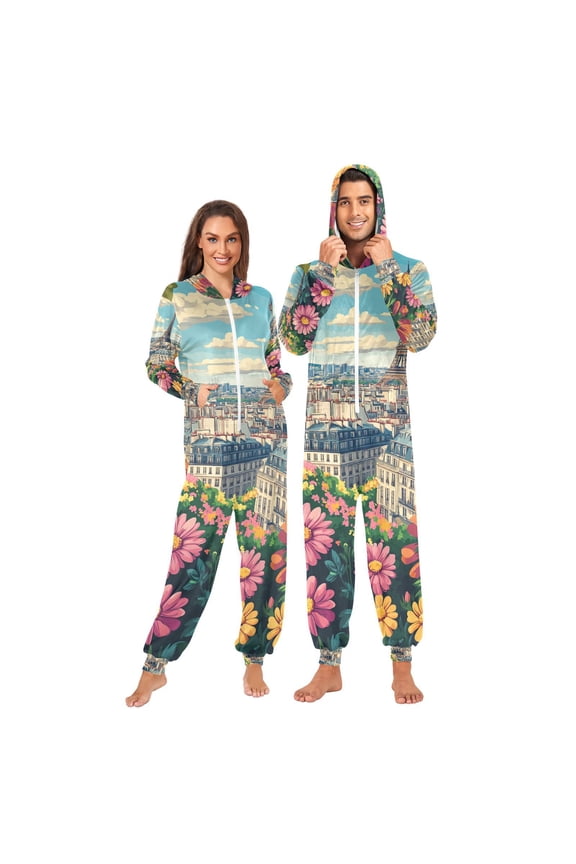 Flowers Tower Clouds Adult Onesie Pajamas Slim Fit Christmas One Piece Suit Pjs for Women and Men Hooded Zipper