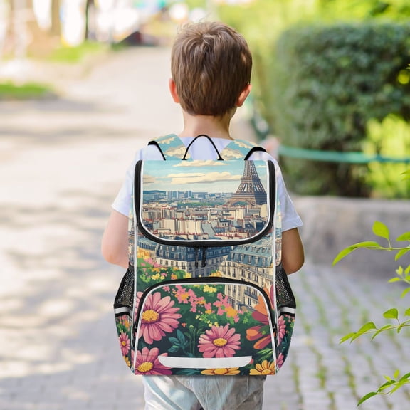 Flowers Tower Clouds Backpack Big Laptop Backpack Casual Daypack Quilted Large Capacity Large Bookbags