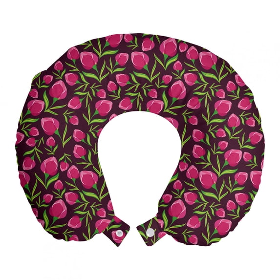 Flowers Travel Pillow Neck Rest, Natural Theme Pink Flowers Leaves in Repeating Design Garden Art, Memory Foam Traveling Accessory Airplane and Car, 12", Pink Dark Purple and Green, by Ambesonne