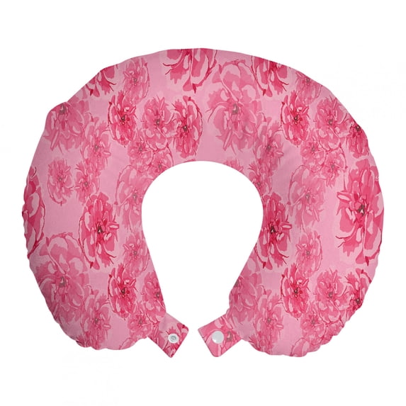 Flowers Travel Pillow Neck Rest, Vintage Roses Pattern in Watercolor Style Floral Design, Memory Foam Traveling Accessory Airplane and Car, 12", Pale Pink Dark Coral, by Ambesonne