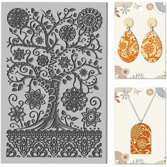 Flowers Tree Mandala Clay Texture Mat Polymer Clay Molds DIY Clay Texture Tools for Clay Pottery Earring Jewelry Making Stamp Engraving Machines Tree 3.9x2.6x0.1inch