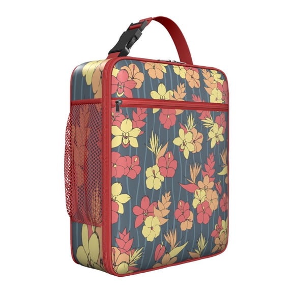 Flowers Tropical Insulated Lunch Tote – Boho Hawaiian Hibiscus and Botanical Jungle Leaves Design, Waterproof Durable Thermal Cooler Bag for Beach Vacation and Outdoor Use
