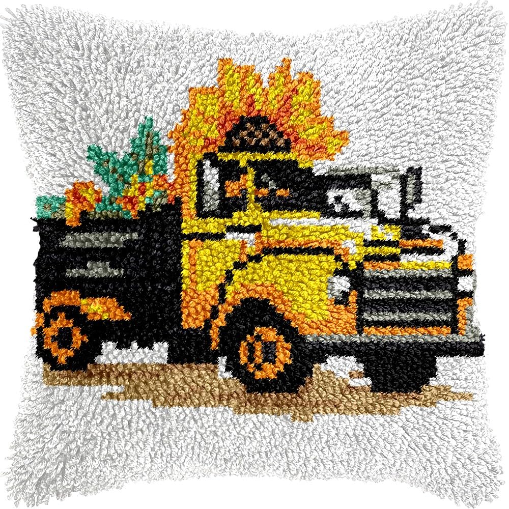 Flowers Truck Latch Hook Pillow Kits for DIY Handmade Throw Pillow Cushion Embroidery Latch Hooking Pillowcase Kits with Preprinted Canvas Crochet Yarn Kits 17''X 17''(g31)