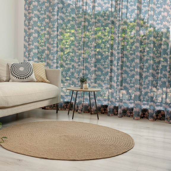 Flowers Tulle Curtains with Rod Pocket, Pattern with Magnolia Flowers in Japanese Style Tender Nature Garden, Sheer Drape for Wedding Party 2 Panels, 7 Sizes, Dark Blue Coral, by Ambesonne