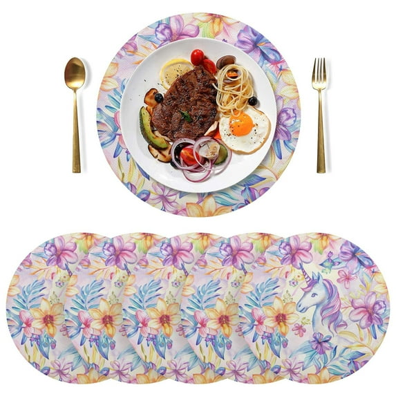 Flowers Unicorn Black Round Placemats Plate Mats 15 Inch Non-Slip Heat Resistant Washable PVC Set Indoor for Kitchen Dining Table 6PCs