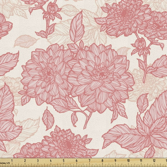 Ambesonne Romance Fabric by the Yard Upholstery, Pink Flowers and Leaves, 2 Yards, Pink