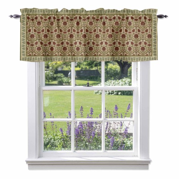 Flowers Valances for Windows Ethnic Abstract Red Rose Floral Boho Border Rod Pocket Cafe Window Treatments Valance Curtains for Kitchen Bathroom Laundry Basement Windows 56"x16"
