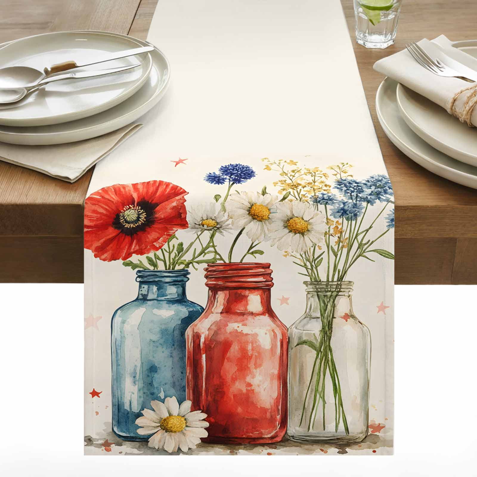 Flowers in Vase Cotton Linen Table Runner Vintage Spring Red Blue ...