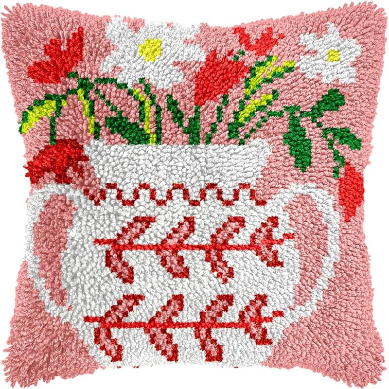 Flowers Vase Latch Hook Pillows Kits Cushion Pillow Cover with Pattern Printed Canvas Sofa Hooking Pillowcase Crafts Embroidery Latch Hooking Crochet Kits Set 17x17 inch(1)