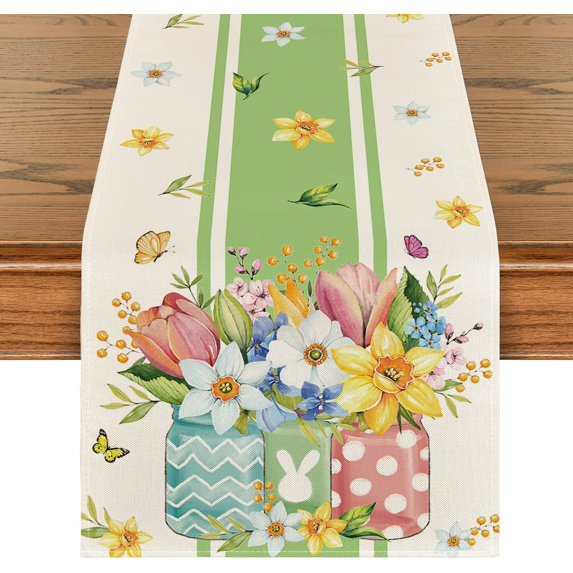 Flowers Vase Tulip Bunny Easter Spring Table Runner, Seasonal Summer Kitchen Dining Table Decoration for Home Party Decor 13x72 Inch
