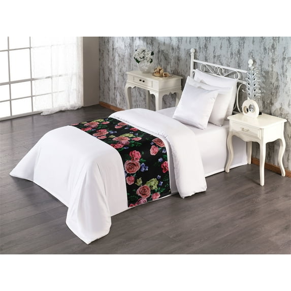 Flowers Vintage Bed Runner, Delicate Roses with Leaves Greenery in Dark Jungle Colors Print, Decorative Accent Bedding Scarf for Hotels Homes & Guest Rooms, Twin, Pistachio Green Blush, by Ambesonne