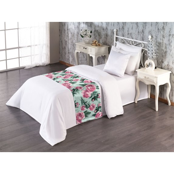 Flowers Vintage Bed Runner, Vintage Feels Delicate Rose Pattern with Leaves Greenery Art, Decorative Accent Bedding Scarf for Hotels Homes & Guest Rooms, Twin, Almond Green Magenta Teal, by Ambesonne