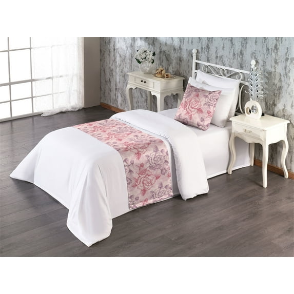 Flowers Vintage Bed Runner Set, Sketch Style Rose Pattern Romantic Feelings Retro Artwork Boho, Decorative Bedding Scarf & a Pillow Sham for Hotels Homes, Twin, Pale Eggplant Dark Pink, by Ambesonne