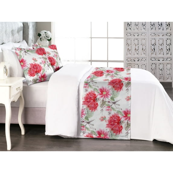 Flowers Vintage Bed Runner Set, Watercolor Garden Scene Floral Design with Leaves Greenery Art, Decorative Bedding Scarf & 2 Pillow Shams for Hotels Homes, King, Reseda Green Dark Pink, by Ambesonne