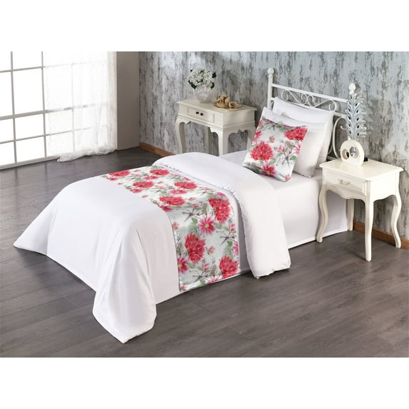 Flowers Vintage Bed Runner Set, Watercolor Garden Scene Floral Design with Leaves Greenery Art, Decorative Bedding Scarf & a Pillow Sham for Hotels Homes, Twin, Reseda Green Dark Pink, by Ambesonne