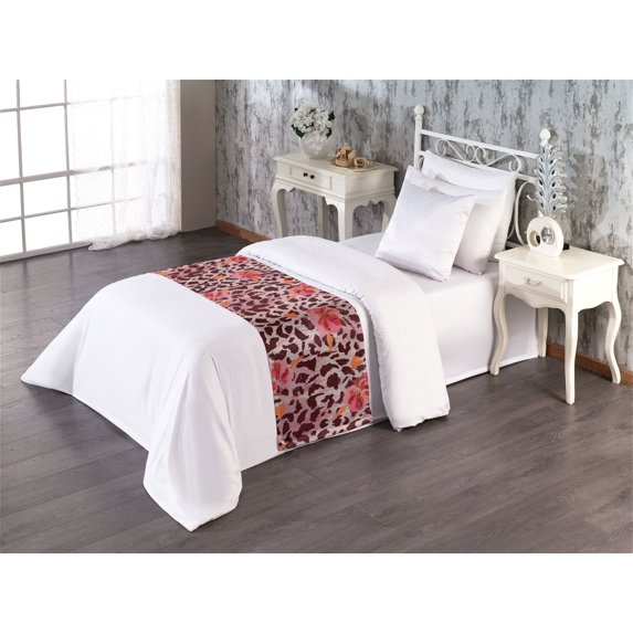 Flowers Vintage Bed Runner, Wild Life Blooming Flora and Leopard Skin Pattern Print Boho, Decorative Accent Bedding Scarf for Hotels Homes & Guest Rooms, Twin, Rose Dark Coral Vermilion, by Ambesonne