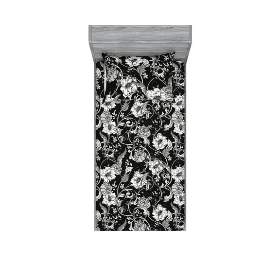 Flowers Vintage Fitted Sheet & Pillow Sham Set, Bohemian Garden Scene Monochrome Floral and Branch Romantic Print, Decorative Printed 2 Piece Bedding Decor, Twin, Charcoal Grey White, by Ambesonne