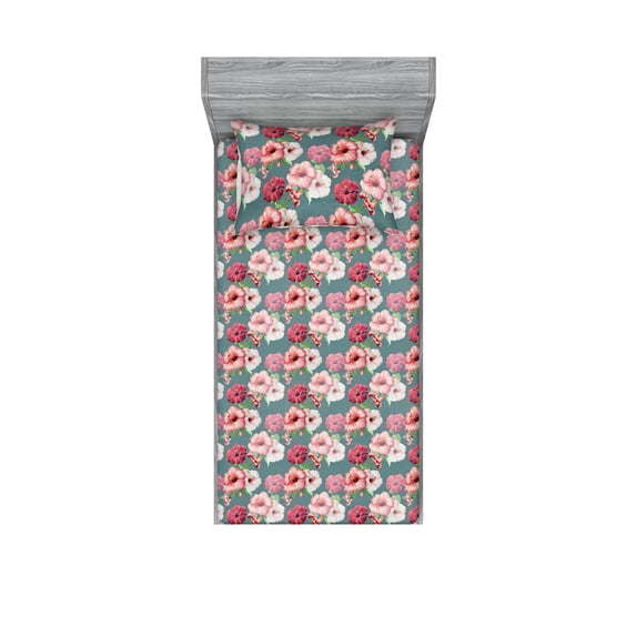 Flowers Vintage Fitted Sheet & Pillow Sham Set, Botanical Inspirations Hibiscus Pattern with Leaves Greenery Art, Decorative Printed 2 Piece Bedding Decor, Twin, Dark Pink Cadet Blue, by Ambesonne