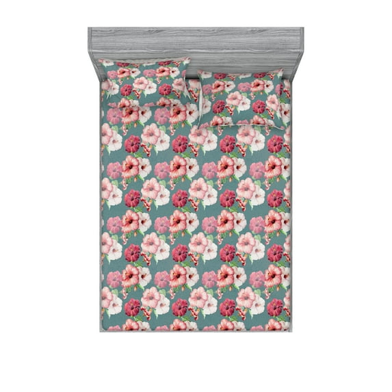 Flowers Vintage Fitted Sheet & Pillow Sham Set, Botanical Inspirations Hibiscus Pattern with Leaves Greenery Art, Decorative Printed 3 Piece Bedding Decor, Full, Dark Pink Cadet Blue, by Ambesonne