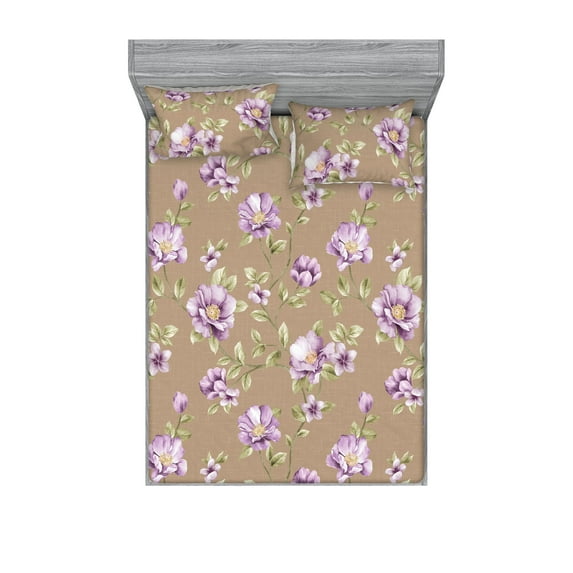 Flowers Vintage Fitted Sheet & Pillow Sham Set, Cottagecore Inspired Floral Boho Pattern Garden Scene Pattern Art, Decorative Printed 3 Piece Bedding Decor, King, Lavender Warm Taupe, by Ambesonne