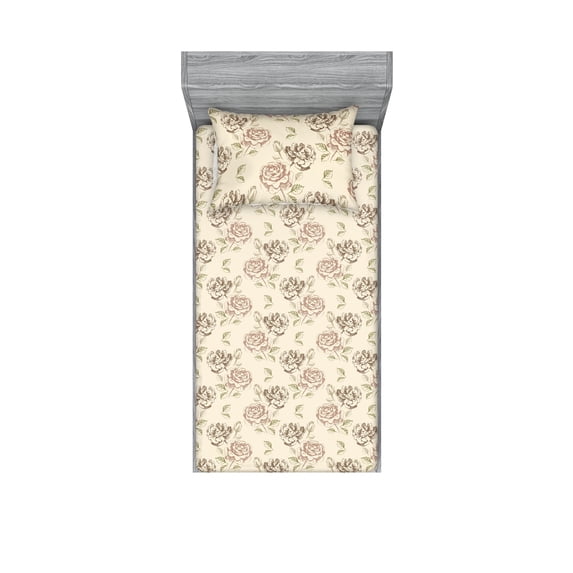Flowers Vintage Fitted Sheet & Pillow Sham Set, Delicate Blooming Rose Floral Pattern with Leaves Sketch Print, Decorative Printed 2 Piece Bedding Decor, Twin, Pale Mauve Taupe Peach, by Ambesonne